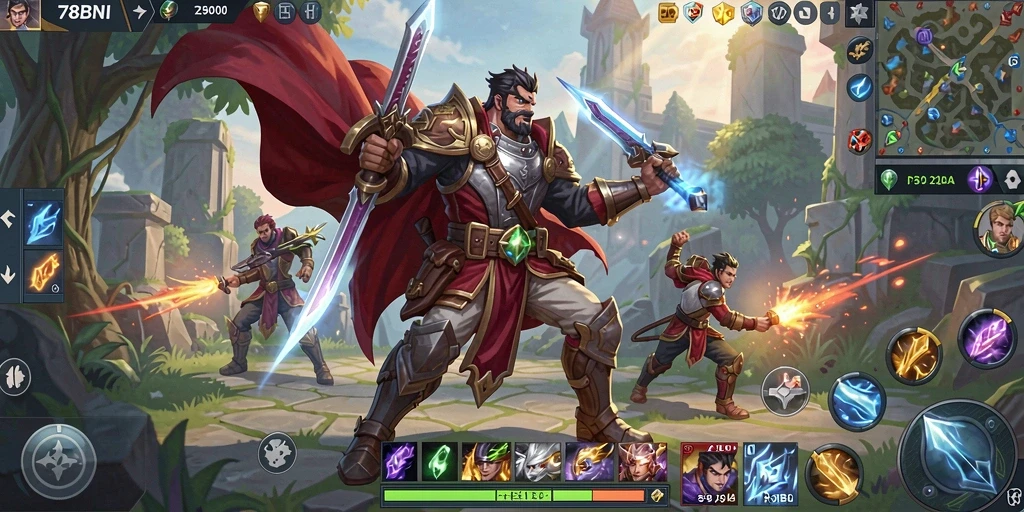 Screenshot gameplay yang menampilkan aksi pertempuran tim di MOBA.