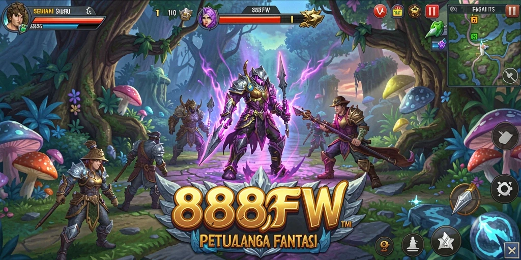 Screenshot gameplay 888FW menunjukkan eksplorasi dunia fantasi yang menakjubkan.