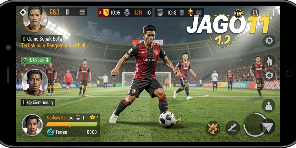 Tampilan gameplay JAGO11 dengan aksi sepak bola yang mendebarkan.