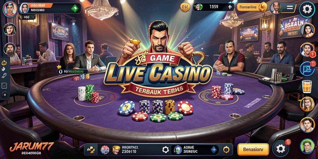 Screenshot gameplay JARUM77 menampilkan dealer langsung dan suasana kasino yang mengasyikkan.