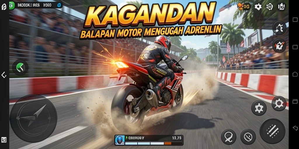 Tampilan gameplay mendebarkan dari KAGANDAN dengan sepeda motor balapan.