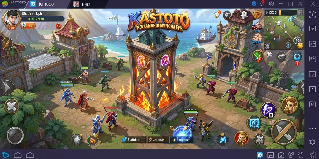 Screenshot gameplay KASTOTO menampilkan aksi menara pertahanan yang mendebarkan.
