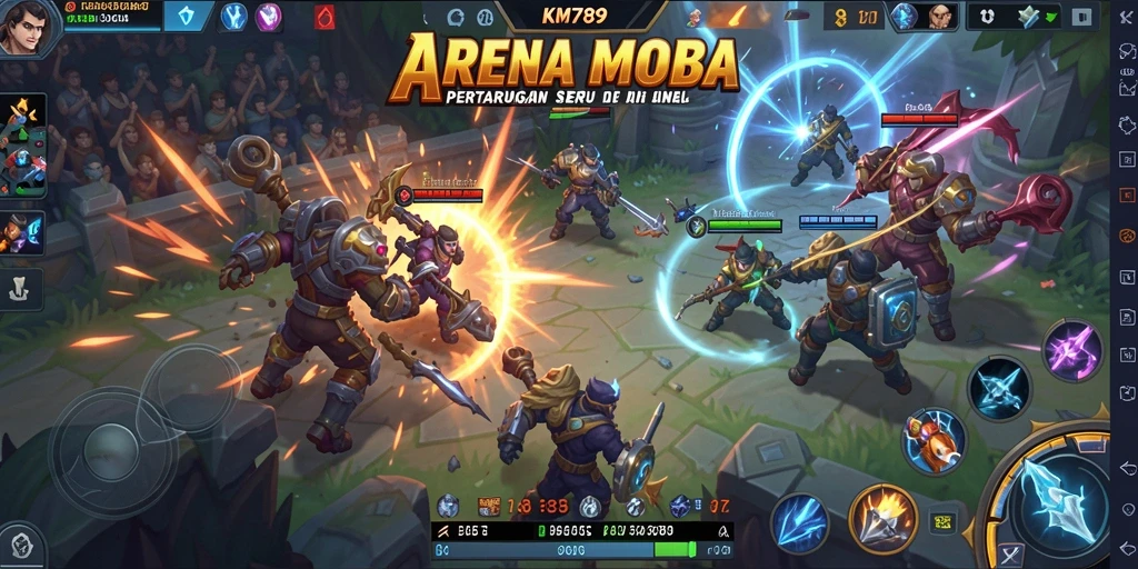 Tampilan gameplay seru dengan pertarungan tim di arena.