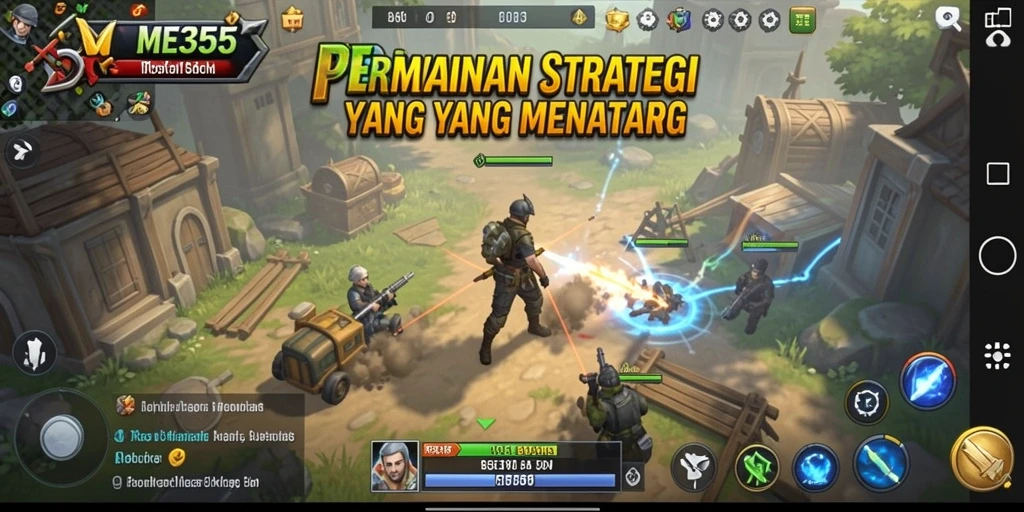 Screenshot gameplay ME355 menunjukkan pertempuran strategi epik.
