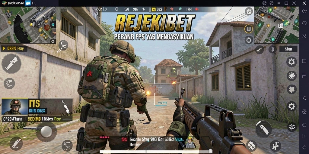 Tampilan seru dari gameplay REJEKIBET dalam pertempuran FPS.