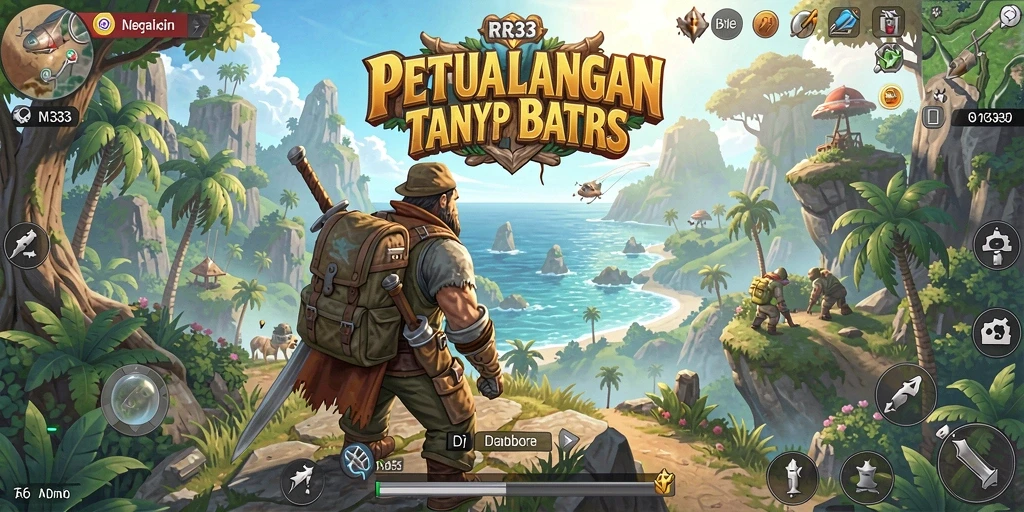 Screenshot menunjukkan karakter menjelajahi dunia terbuka dengan beragam elemen dan aktivitas.