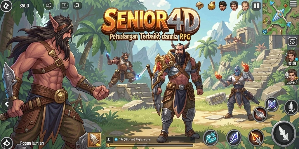 Tampilan utama gameplay SENIOR4D menampilkan pertarungan seru antar karakter RPG.