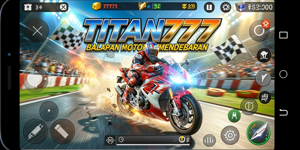 Gameplay intens di <strong>TITAN777</strong> dengan motor balap yang cepat dan trek menantang.